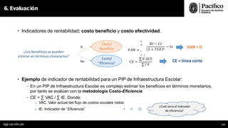 • Indicadores de rentabilidad: costo beneficio y costo efectividad.
o IE: Indicador de “Eficiencia”
6. Evaluación
¿Los beneficios se pueden
estimar en términos monetarios?
Sí
No
VAN > 0
CE < línea corte
Costo/
Beneficio
Costo/
“Eficiencia” 𝐶𝐸 =
∑ 𝑉 𝐴𝐶𝑆
∑ 𝐼 𝐸
𝑡.
𝑛
𝑉𝐴𝑁 = ,
𝑡 . /
𝐵𝑡 − 𝐶𝑡
1 + 𝑇𝑆𝐷 𝑛
− 𝐼𝑜
• Ejemplo de indicador de rentabilidad para un PIP de Infraestructura Escolar:
- En un PIP de Infraestructura Escolar es complejo estimar los beneficios en términos monetarios,
por tanto se evalúan con la metodología Costo-Eficiencia
- CE = ∑ VAC / ∑ IE. Donde:
o VAC: Valor actual del flujo de costos sociales netos
¿Cuál sería el indicador
egp.up.edu.pe 116
de eficiencia?
 