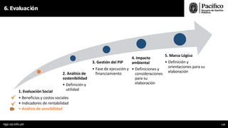 6. Evaluación
1. Evaluación Social
• Beneficios y costos sociales
• Indicadores de rentabilidad
• Análisis de sensibilidad
2. Análisis de
sostenibilidad
• Definición y
utilidad
3. Gestión del PIP
• Fase de ejecución y
financiamiento
4. Impacto
ambiental
• Definiciones y
consideraciones
para su
elaboración
5. Marco Lógico
• Definición y
orientaciones para su
elaboración
egp.up.edu.pe 118
 