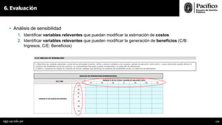 • Análisis de sensibilidad
1. Identificar variables relevantes que puedan modificar la estimación de costos
2. Identificar variables relevantes que pueden modificar la generación de beneficios (C/B:
Ingresos, C/E: Beneficios)
6. Evaluación
egp.up.edu.pe 119
 