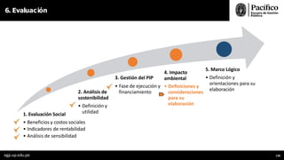 6. Evaluación
1. Evaluación Social
• Beneficios y costos sociales
• Indicadores de rentabilidad
• Análisis de sensibilidad
2. Análisis de
sostenibilidad
• Definición y
utilidad
3. Gestión del PIP
• Fase de ejecución y
financiamiento
4. Impacto
ambiental
• Deﬁniciones y
consideraciones
para su
elaboración
5. Marco Lógico
• Definición y
orientaciones para su
elaboración
egp.up.edu.pe 130
 