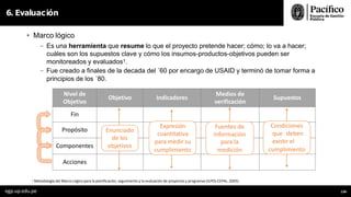 • Marco lógico
- Es una herramienta que resume lo que el proyecto pretende hacer; cómo; lo va a hacer;
cuáles son los supuestos clave y cómo los insumos-productos-objetivos pueden ser
monitoreados y evaluados1.
- Fue creado a finales de la decada del ´60 por encargo de USAID y terminó de tomar forma a
principios de los ´80.
6. Evaluación
Nivel de
Objetivo
Objetivo Indicadores
Medios de
verificación
Supuestos
Fin
Propósito
Componentes
Acciones
Enunciado
de los
objetivos
Expresión
cuantitativa
para medir su
cumplimiento
Fuentes de
información
para la
medición
Condiciones
que deben
existir el
egp.up.edu.pe 134
cumplimiento
1 Metodología del Marco Lógico para la planificación, seguimiento y la evaluación de proyectos y programas (ILPES-CEPAL. 2005)
 