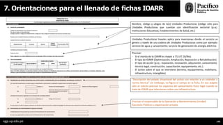 7. Orientaciones para el llenado de fichas IOARR
Precisar el responsable de la Operación y Mantenimiento (Unidad
Ejecutora Pública) u organización privada.
Nombre, código y ubigeo de la(s) Unidades Productoras (código sólo para
Unidades Productoras que cuentan con identificación sectorial (p.ej.:
Instituciones Educativas, Establecimientos de Salud, etc.)
Unidades Productoras lineales aplica para inversiones donde el servicio se
genera a través de una cadena de Unidades Productoras como por ejemplo:
servicio de agua y saneamiento; servicio de generación de energía eléctrica
Precisar:
- Si el monto de la IOARR es mayor a 75 UIT (Sí/No).
- El tipo de IOARR (Optimización, Ampliación, Reposición o Rehabilitación)
- El tipo de acción (p.ej.: reparación, renovación, adquisición, saneamiento
técnico legal, construcción, capacitación, equipamiento, etc.).
- El activo sobre el que se interviene (terreno, equipamiento, mobiliario,
infraestructura, intangibles)
“Descripción del estado situacional del activo con relación a un estándar o
norma técnica” sin embargo, no figura el campo en la ficha. En ese acápite
sólo se solicita precisar los aspectos del saneamiento físico legal cuando se
trate de IOARR que intervienen sobre una infraestructura
egp.up.edu.pe 140
 