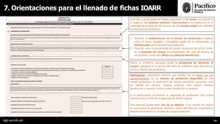 7. Orientaciones para el llenado de fichas IOARR
Describir la precariedad del estado situacional: (i) del activo con relación a
la exigencia del estándar sectorial o internacional y su implicancia en la
capacidad de producción del servicio (ii) del proceso actual que subutiliza
la capacidad de producción.
1. Describir el modelamiento de la función de producción y explicar
como el activo (tangible o intangible) objeto de la intervención, es
indispensable para el proceso de producción.
2. Describir como la precariedad del estado situacional del activo incide
en la provisión del servicio (incumplimiento del nivel de servicio de
ser posible) y como este afecta a la población beneficiaria.
Definir el problema operativo desde la perspectiva de afectación al
usuario. Apoyarse en la técnica del árbol de problemas para describir las
causas y efectos que se generan.
Optimización: inversiones menores que resultan de un mejor uso y/o
aprovechamiento de los factores de producción disponibles de una
unidad productora. El incremento de activos permitirán: aumentar nivel
de calidad del servicio; mejorar procesos para reducir tiempos
(producción o usuario); reducir costos (producción o usuario).
Si la optimización incrementa la capacidad de producción sólo puede
hacerlo hasta un 20% de la capacidad de diseño original.
Una inversión puede tener más de un objetivo. P. ej: cambio de rodajes
en una turbina de generación eléctrica: reduce pérdidas por rozamiento y
permite incrementar la cantidad de energía producida.
egp.up.edu.pe 141
 