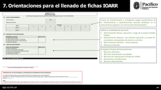 7. Orientaciones para el llenado de fichas IOARR
Costos de mantenimiento y cronograma (según características de
la infraestructura o especificaciones técnicas señaladas en el
manual de los equipos o las instrucciones del proveedor).
Señalar la modalidad de ejecución:
1. Administración directa: ejecución a cargo de la propia Entidad
Pública
2. Administración indirecta - por contrata: ejecución a a través de
contratistas o proveedores de bienes y servicios.
3. Administración indirecta – núcleo ejecutor
4. Obras por impuesto
Consignar la fuente de financiamiento:
1. Recursos ordinarios
2. Recursos directamente recaudados
3. Recursos por operaciones oficiales de crédito
4. Donaciones y transferencias
5. Recursos determinados
egp.up.edu.pe 149
 