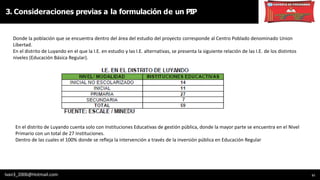 11
Donde la población que se encuentra dentro del área del estudio del proyecto corresponde al Centro Poblado denominado Union
Libertad.
En el distrito de Luyando en el que la I.E. en estudio y las I.E. alternativas, se presenta la siguiente relación de las I.E. de los distintos
niveles (Educación Básica Regular).
3. Consideraciones previas a la formulación de un PIP
Ivan3_2006@Hotmail.com
En el distrito de Luyando cuenta solo con Instituciones Educativas de gestión pública, donde la mayor parte se encuentra en el Nivel
Primario con un total de 27 Instituciones.
Dentro de las cuales el 100% donde se refleja la intervención a través de la inversión pública en Educación Regular
 