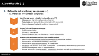 2. Definición del problema y sus causas (…)
• El Análisis de Involucrados comprende:
4. I
dentificación (…)
Identificar a grupos o entidades involucradas con el PIP
• Afectados por el problema (futuro beneficiario)
• Perjudicados por la solución del problema (posible oponente)
• Actores clave para la solución problema (cooperantes)
1
2
Recoger información de campo sobre:
• Problemas percibidos
• Intereses o expectativas
• Disposición a contribuir con el proyecto y asumir compromisos
Sistematizar el análisis en una matriz que deberá contener:
• Identificación de grupos de involucrados y su posición respecto al proyecto
• Síntesis de los problemas percibidos por cada grupo
• Síntesis de las expectativas o intereses de cada grupos
• Estrategias que abordará el PIP para: (i) responder a los intereses y expectativas y (ii) reducir las
percepciones negativas sobre su implementación
• Plasmar la contribución en acuerdos y compromisos asumidos con cada grupo de involucrados
3
egp.up.edu.pe 34
 