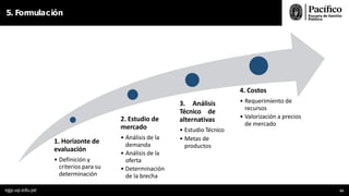 5. Formulación
1. Horizonte de
evaluación
• Definición y
2. Estudio de
mercado
• Análisis de la
demanda
• Análisis de la
oferta
criterios para su
determinación
• Determinación
de la brecha
egp.up.edu.pe 63
3. Análisis
Técnico de
alternativas
• Estudio Técnico
• Metas de
productos
4. Costos
• Requerimiento de
recursos
• Valorización a precios
de mercado
 