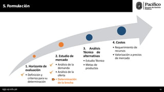5. Formulación
1. Horizonte de
evaluación
• Definición y
criterios para su
determinación
2. Estudio de
mercado
• Análisis de la
demanda
• Análisis de la
oferta
• Determinación
de la brecha
3. Análisis
Técnico de
alternativas
• Estudio Técnico
• Metas de
productos
4. Costos
• Requerimiento de
recursos
• Valorización a precios
de mercado
egp.up.edu.pe 73
 