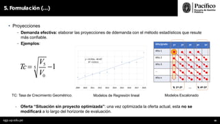 • Proyecciones
- Demanda efectiva: elaborar las proyecciones de ddemanda con el método estadísticos que resute
más confiable.
- Ejemplos:
5. Formulación (…)
TC: Tasa de Crecimiento Geométrico. Modelos de Regresión lineal Modelos Escalonado
- Oferta “Situación sin proyecto optimizada”: una vez optimizada la oferta actual, esta no se
modificará a lo largo del horizonte de evaluación.
V5
V0
Tc  5 1
y =21765x- 4E+07
R² =0.9111
2009 2010 2011 2012 2013 2014 2015 2016 2017 2018
Año/grado 1º 2º 3º 4º 5º
Año 1
Año 2
Año 3
…
Año n
Tc 1º-2º … Tc 4º-5º
egp.up.edu.pe 80
 