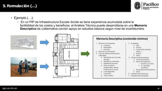 1. Número de ambientes
a. Construir
b. Rehabilitar
c. Demoler
2. Área de los ambientes
3. Tipo de sistema estructural y
materiales
a. Aporticado de concreto
armado
b. Albañilería confinada
c. Albañilería armada
d. Otros (madera,
prefabricado, adobe,
material de la zona)
e. Losa aligerada
f. Losa llena
g. Techo liviano
4. Acabados
a. Piso
b. Pintura
c. Carpintería (madera,
metal,...)
d. Vidrios
e. Otros
5. Obras complementarias
a. Cerco perimétrico
b. Servicios higiénicos
i. Número por sexo
ii. N° aparatos
sanitarios
c. Ambientes administrativos
d. Otros
6. Instalaciones Eléctricas
7. Instalaciones Sanitarias
• Ejemplo (…):
- En un PIP de Infraestructura Escolar donde se tiene experiencia acumulada sobre la
factibilidad de los costos y beneficios: el Análisis Técnico puede desarrollarse en una Memoria
Descriptiva de c/alternativa con/sin apoyo en estudios básicos según nivel de incertidumbre.
Memoria Descriptiva (contenido mínimo)
5. Formulación (…)
egp.up.edu.pe 87
 
