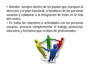 • Atender, siempre dentro de las pautas que marquen la
dirección y el plan funcional, a familiares de las personas
usuarias y colaborar a la integración de éstas en la vida
del centro.
• En todas las relaciones o actividades con las personas
usuarias, procurar complementar el trabajo asistencial,
educativo y formativo que reciban de profesionales.

 