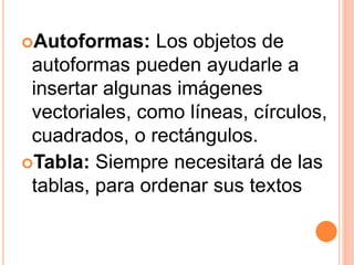 Autoformas: Los objetos de
autoformas pueden ayudarle a
insertar algunas imágenes
vectoriales, como líneas, círculos,
cuadrados, o rectángulos.
Tabla: Siempre necesitará de las
tablas, para ordenar sus textos
 