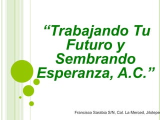 “Trabajando Tu
Futuro y
Sembrando
Esperanza, A.C.”
Francisco Sarabia S/N, Col. La Merced, Jilotepec
 