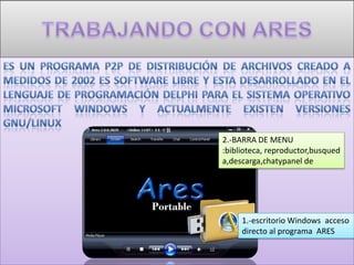 2.-BARRA DE MENU
:biblioteca, reproductor,busqued
a,descarga,chatypanel de
control




     1.-escritorio Windows acceso
     directo al programa ARES
 
