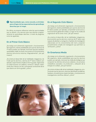 12          NuestrosTemas           Material de apoyo para Profesoras y Profesores




      8   Oportunidades que, como escuela, se brindan                En el Segundo Ciclo Básico
          para el logro de las expectativas de aprendizaje
          descritas por el mapa.                                     ¿Se trabaja con la dimensión organización y funcionamiento
                                                                     del organismo, dando posibilidades para que los alumnos de
     Por último, se propone reflexionar sobre las oportunidades      8° básico puedan, por ejemplo, comprender la estructura y
     que se ofrecen a los alumnos para que alcancen progresi­        funcionamiento global de la célula y su lugar en los niveles de
     vamente los aprendizajes descritos, a través de preguntas       organización de los seres vivos?, ¿de qué manera?
     como las siguientes:
                                                                     ¿Se orienta el desarrollo de las habilidades indagatorias,
                                                                     promoviendo que los alumnos y alumnas de 8° básico sean
                                                                     capaces de plantear un pregunta o hipótesis de investigación
     En el Primer Ciclo Básico                                       relacionada con los conocimientos del nivel y proponer
                                                                     procedimientos simples de investigación que permitan su
     ¿Se trabaja con la dimensión organización y funcionamiento
                                                                     verificación?, ¿cómo?
     del organismo, dando posibilidades para que los alumnos de
     4° básico puedan, por ejemplo, reconocer que para satisfacer
     necesidades vitales, los seres vivos ponen en funcionamiento
     diversas estructuras externas integradamente?, ¿de qué          En Enseñanza Media
     manera?
                                                                     ¿Se trabaja con la dimensión organización y funcionamiento
     ¿Se orienta el desarrollo de las habilidades indagatorias, de   del organismo, dando posibilidades para que los alumnos
     modo que los alumnos y alumnas de 4° básico realicen, por       puedan, por ejemplo, reconocer las moléculas biológicas que
     ejemplo, experimentos simples en forma guiada, registrando      componen las distintas estructuras celulares y los procesos
     sus observaciones con palabras, números o dibujos, clasifi­     metabólicos asociados a la producción y utilización de la
     cando dos criterios a la vez y extrayendo conclusiones de lo    energía en la célula?, ¿de qué manera?
     que observa en forma guiada?, ¿cómo?
                                                                     ¿Se orienta el desarrollo de las habilidades indagatorias, pro­
                                                                     moviendo que los alumnos y alumnas identifiquen problemas,
                                                                     hipótesis, procedimientos experimentales y conclusiones en
                                                                     investigaciones científicas clásicas?, ¿cómo?
 