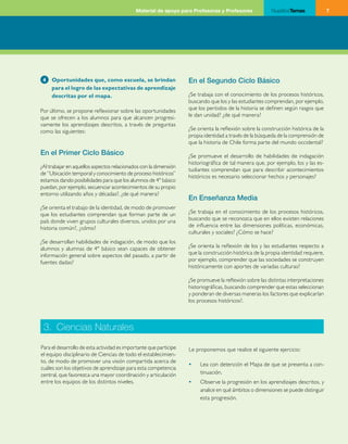 Material de apoyo para Profesoras y Profesores               NuestrosTemas              7




 4   Oportunidades que, como escuela, se brindan                   En el Segundo Ciclo Básico
     para el logro de las expectativas de aprendizaje
     descritas por el mapa.                                        ¿Se trabaja con el conocimiento de los procesos históricos,
                                                                   buscando que los y las estudiantes comprendan, por ejemplo,
Por último, se propone reflexionar sobre las oportunidades         que los períodos de la historia se definen según rasgos que
que se ofrecen a los alumnos para que alcancen progresi­           le dan unidad? ¿de qué manera?
vamente los aprendizajes descritos, a través de preguntas
como las siguientes:                                               ¿Se orienta la reflexión sobre la construcción histórica de la
                                                                   propia identidad a través de la búsqueda de la comprensión de
                                                                   que la historia de Chile forma parte del mundo occidental?
En el Primer Ciclo Básico                                          ¿Se promueve el desarrollo de habilidades de indagación
                                                                   historiográfica de tal manera que, por ejemplo, los y las es­
¿Al trabajar en aquellos aspectos relacionados con la dimensión
                                                                   tudiantes comprendan que para describir acontecimientos
de “Ubicación temporal y conocimiento de proceso históricos”
                                                                   históricos es necesario seleccionar hechos y personajes?
estamos dando posibilidades para que los alumnos de 4° básico
puedan, por ejemplo, secuenciar acontecimientos de su propio
entorno utilizando años y décadas?, ¿de qué manera?
                                                                   En Enseñanza Media
¿Se orienta el trabajo de la identidad, de modo de promover
que los estudiantes comprendan que forman parte de un              ¿Se trabaja en el conocimiento de los procesos históricos,
país donde viven grupos culturales diversos, unidos por una        buscando que se reconozca que en ellos existen relaciones
historia común?, ¿cómo?                                            de influencia entre las dimensiones políticas, económicas,
                                                                   culturales y sociales? ¿Cómo se hace?
¿Se desarrollan habilidades de indagación, de modo que los
alumnos y alumnas de 4° básico sean capaces de obtener             ¿Se orienta la reflexión de los y las estudiantes respecto a
información general sobre aspectos del pasado, a partir de         que la construcción histórica de la propia identidad requiere,
fuentes dadas?                                                     por ejemplo, comprender que las sociedades se construyen
                                                                   históricamente con aportes de variadas culturas?

                                                                   ¿Se promueve la reflexión sobre las distintas interpretaciones
                                                                   historiográficas, buscando comprender que estas seleccionan
                                                                   y ponderan de diversas maneras los factores que explicarían
                                                                   los procesos históricos?.



 3. Ciencias Naturales
Para el desarrollo de esta actividad es importante que participe   Le proponemos que realice el siguiente ejercicio:
el equipo disciplinario de Ciencias de todo el establecimien­
to, de modo de promover una visión compartida acerca de
                                                                   •	   Lea con detención el Mapa de que se presenta a con­
cuáles son los objetivos de aprendizaje para esta competencia
central, que favorezca una mayor coordinación y articulación            tinuación.
entre los equipos de los distintos niveles.                        •	   Observe la progresión en los aprendizajes descritos, y
                                                                        analice en qué ámbitos o dimensiones se puede distinguir
                                                                        esta progresión.
 