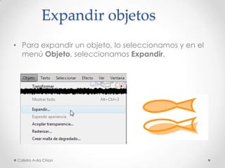 Expandir objetos
• Para expandir un objeto, lo seleccionamos y en el
menú Objeto, seleccionamos Expandir.

Calixtro Avila Chian

 