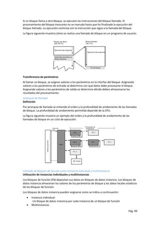 Pág. 99
Si un bloque llama a otro bloque, se ejecutan las instrucciones del bloque llamado. El
procesamiento del bloque invocante no se reanuda hasta que ha finalizado la ejecución del
bloque llamado. La ejecución continúa con la instrucción que sigue a la llamada del bloque.
La figura siguiente muestra cómo se realiza una llamada de bloque en un programa de usuario:
Transferencia de parámetros
Al llamar un bloque, se asignan valores a los parámetros en la interfaz del bloque. Asignando
valores a los parámetros de entrada se determina con qué datos debe procesarse el bloque.
Asignando valores a los parámetros de salida se determina dónde deben almacenarse los
resultados del procesamiento.
Jerarquía de llamada
Definición
Por jerarquía de llamada se entiende el orden y la profundidad de anidamiento de las llamadas
de bloque. La profundidad de anidamiento permitida depende de la CPU.
La figura siguiente muestra un ejemplo del orden y la profundidad de anidamiento de las
llamadas de bloque en un ciclo de ejecución:
Llamada de bloques de función como instancia individual o multiinstancia
Utilización de instancias individuales y multiinstancias
Los bloques de función (FB) depositan sus datos en bloques de datos instancia. Los bloques de
datos instancia almacenan los valores de los parámetros de bloque y los datos locales estáticos
de los bloques de función.
Los bloques de datos instancia pueden asignarse como se indica a continuación:
 Instancia individual:
Un bloque de datos instancia por cada instancia de un bloque de función
 Multiinstancia:
 