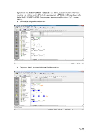 Pág. 55
digitalizado nos da 8.55*29490/9 = 28015.5 o sea 28015, que será nuestra referencia
máxima, y la mínima será: 0.1*6 = 0.6 m que equivale a 9*0.6/6 = 0.9 V, dando un valor
digital de 0.9*29490/9 = 2949. Entonces para la programación nmin = 2949 y nmax =
28015.
d. Entonces el programa quedara así:
e. Cargamos al PLC, y comprobamos el funcionamiento.
 
