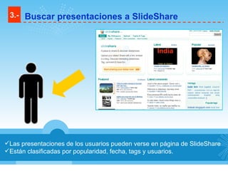 Las presentaciones de los usuarios pueden verse en página de SlideShare Están clasificadas por popularidad, fecha, tags y usuarios. 3.- Buscar presentaciones a SlideShare 