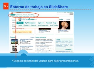 Espacio personal del usuario para subir presentaciones. 5.- Entorno de trabajo en SlideShare 