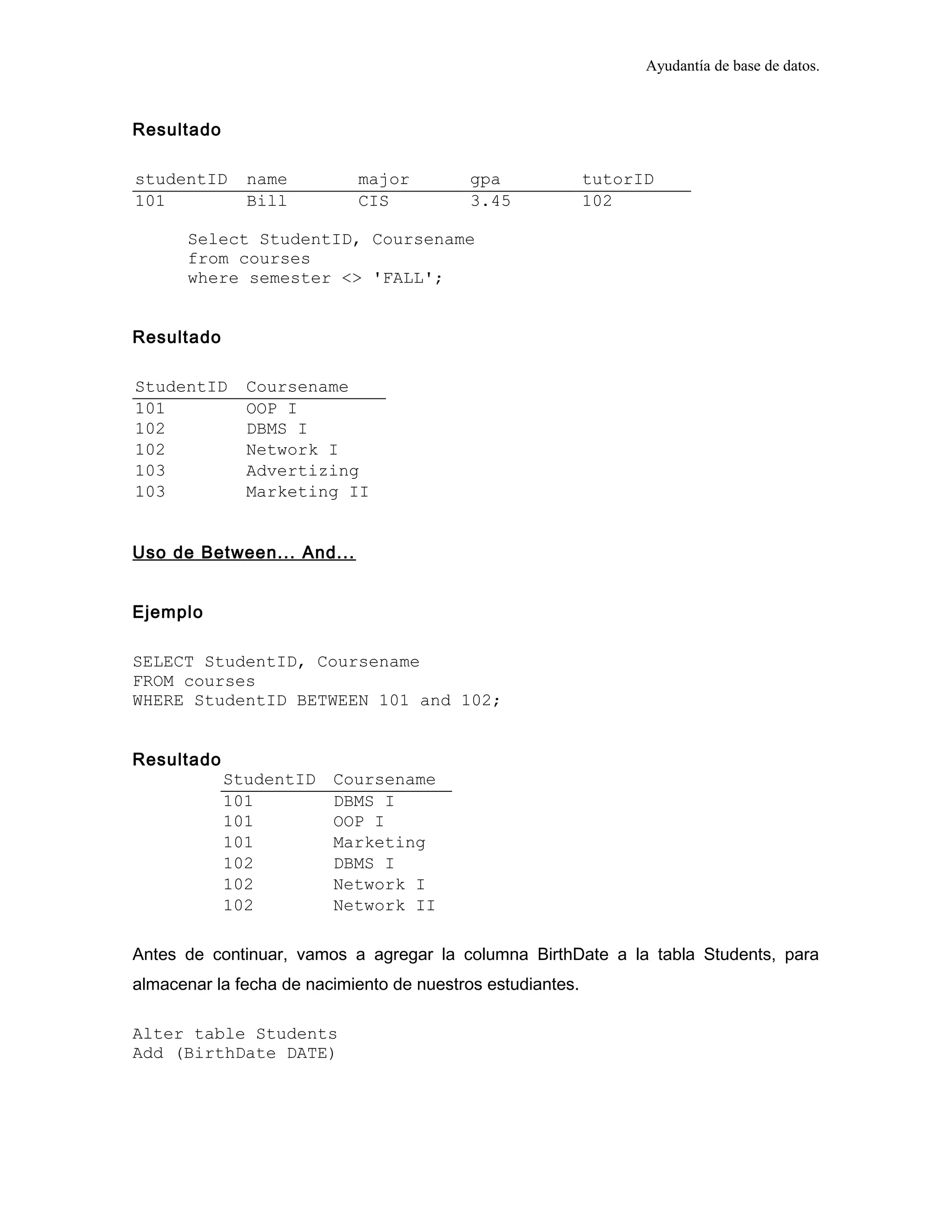 Ayudantía de base de datos.
Resultado
studentID name major gpa tutorID
101 Bill CIS 3.45 102
Select StudentID, Coursename
from courses
where semester <> 'FALL';
Resultado
StudentID Coursename
101 OOP I
102 DBMS I
102 Network I
103 Advertizing
103 Marketing II
Uso de Between... And...
Ejemplo
SELECT StudentID, Coursename
FROM courses
WHERE StudentID BETWEEN 101 and 102;
Resultado
StudentID Coursename
101 DBMS I
101 OOP I
101 Marketing
102 DBMS I
102 Network I
102 Network II
Antes de continuar, vamos a agregar la columna BirthDate a la tabla Students, para
almacenar la fecha de nacimiento de nuestros estudiantes.
Alter table Students
Add (BirthDate DATE)
 