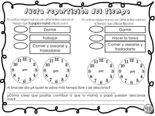 Justa repartición del tiempo
En estos relojes marca con diferentes colores el
tiempo que tu papá o mamá utilizan para:
Dormir
Al final del día ¿A quién le sobra más tiempo libre y de descanso?
___________________________________________________________________
¿Cómo crees que podrías contribuir a que tu mamá o papá puedan descansar
más?________________________________________________________________________________
_____________________________________________________________________________________
Trabajar
Comer y asearse y
trasladarse
En estos relojes marca con diferentes colores
el tiempo que utilizas tú para:
Dormir
Hacer la tarea
Comer y asearse y
trasladarte
am pm am pm
 