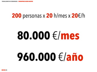 TRABAJANDO EN COMUNIDAD : WORDPRESS DESDE DENTRO

200 personas x 20 h/mes x 20€/h

80.000 €/mes
960.000 €/año
MECUS.ES

 