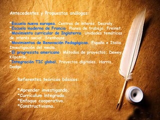 Antecedentes y Propuestas análogas:

*Escuela nueva europea. Centros de interés. Decroly.
*Escuela moderna de Francia. Planes de trabajo. Freinet.
*Movimiento curricular de Inglaterra. Unidades temáticas
de interés social. Stenhouse.
*Movimientos de Renovación Pedagógicas. España e Italia.
Investigación del medio.
*El progresista americano: Métodos de proyectos: Dewey,
Kilpatrik.
*Integración TIC global. Proyectos digitales. Harris,
Dodge.


   Referentes teóricos básicos:

   *Aprender investigando.
   *Currículum integrado.
   *Enfoque cooperativo.
   *Constructivismo.
 