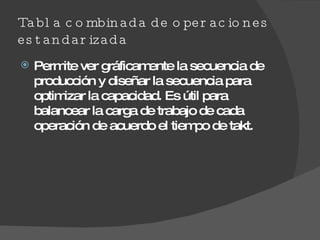 Tabla combinada de operaciones estandarizada  Permite ver gráficamente la secuencia de producción y diseñar la secuencia para optimizar la capacidad. Es útil para balancear la carga de trabajo de cada operación de acuerdo el tiempo de takt.  
