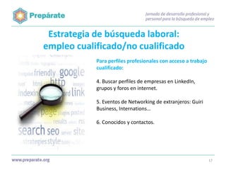 Estrategia de búsqueda laboral:
empleo cualificado/no cualificado
Para perfiles profesionales con acceso a trabajo
cualificado:
4. Buscar perfiles de empresas en LinkedIn,
grupos y foros en internet.
5. Eventos de Networking de extranjeros: Guiri
Business, Internations…
6. Conocidos y contactos.

17

 