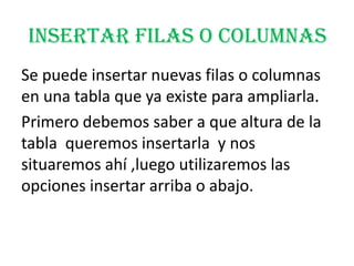 Insertar filas o columnas
Se puede insertar nuevas filas o columnas
en una tabla que ya existe para ampliarla.
Primero debemos saber a que altura de la
tabla queremos insertarla y nos
situaremos ahí ,luego utilizaremos las
opciones insertar arriba o abajo.
 