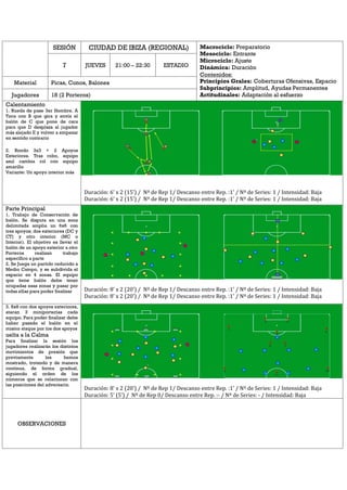 SESIÓN CIUDAD DE IBIZA (REGIONAL) Macrociclo: Preparatorio
Mesociclo: Entrante
Microciclo: Ajuste
Dinámica: Duración
Contenidos:
Principios Grales: Coberturas Ofensivas, Espacio
Subprincipios: Amplitud, Ayudas Permanentes
Actitudinales: Adaptación al esfuerzo
7 JUEVES 21:00 – 22:30 ESTADIO
Material Picas, Conos, Balones
Jugadores 18 (2 Porteros)
Calentamiento
1. Rueda de pase 3er Hombre. A
Toca con B que gira y envía el
balón de C que pone de cara
para que D desplaza al jugador
más alejado E y volver a empezar
en sentido contrario
2. Rondo 3x3 + 2 Apoyos
Exteriores. Tras robo, equipo
azul cambia rol con equipo
amarillo
Variante: Un apoyo interior más
Duración: 6’ x 2 (15’) / Nº de Rep 1/ Descanso entre Rep. :1’ / Nº de Series: 1 / Intensidad: Baja
Duración: 6’ x 2 (15’) / Nº de Rep 1/ Descanso entre Rep. :1’ / Nº de Series: 1 / Intensidad: Baja
Parte Principal
1. Trabajo de Conservación de
balón. Se disputa en una zona
delimitada amplia un 6x6 con
tres apoyos; dos exteriores (DC y
CT) y otro interior (MC o
Interior). El objetivo es llevar el
balón de un apoyo exterior a otro
Porteros realizan trabajo
específico a parte
2. Se Juega un partido reducido a
Medio Campo, y se subdivida el
espacio en 4 zonas. El equipo
que tiene balón debe tener
ocupadas esas zonas y pasar por
todas ellas para poder finalizar Duración: 8’ x 2 (20’) / Nº de Rep 1/ Descanso entre Rep. :1’ / Nº de Series: 1 / Intensidad: Baja
Duración: 8’ x 2 (20’) / Nº de Rep 1/ Descanso entre Rep. :1’ / Nº de Series: 1 / Intensidad: Baja
3. 8x8 con dos apoyos exteriores,
atacan 3 miniporterías cada
equipo. Para poder finalizar debe
haber pasado el balón en el
mismo ataque por los dos apoyos
uelta a la Calma
Para finalizar la sesión los
jugadores realizarán los distintos
movimientos de presión que
previamente les hemos
mostrado, trotando y de manera
continua, de forma gradual,
siguiendo el orden de los
números que se relacionan con
las posiciones del adversario.
Duración: 8’ x 2 (20’) / Nº de Rep 1/ Descanso entre Rep. :1’ / Nº de Series: 1 / Intensidad: Baja
Duración: 5’ (5’) / Nº de Rep 0/ Descanso entre Rep. :- / Nº de Series: - / Intensidad: Baja
OBSERVACIONES
 