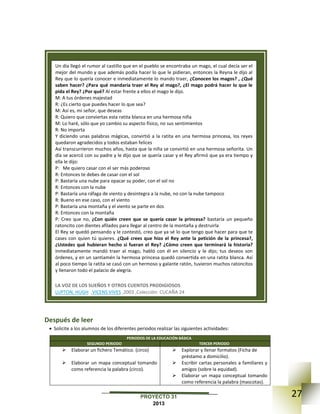 27PROYECTO 31
2013
Después de leer
 Solicite a los alumnos de los diferentes periodos realizar las siguientes actividades:
PERIODOS DE LA EDUCACIÓN BÁSICA
SEGUNDO PERIODO TERCER PERIODO
 Elaborar un fichero Temático. (circo)
 Elaborar un mapa conceptual tomando
como referencia la palabra (circo).
 Explorar y llenar formatos (Ficha de
préstamo a domicilio).
 Escribir cartas personales a familiares y
amigos (sobre la equidad).
 Elaborar un mapa conceptual tomando
como referencia la palabra (mascotas).
Un día llegó el rumor al castillo que en el pueblo se encontraba un mago, el cual decía ser el
mejor del mundo y que además podía hacer lo que le pidieran, entonces la Reyna le dijo al
Rey que lo quería conocer e inmediatamente lo mando traer, ¿Conocen los magos? , ¿Qué
saben hacer? ¿Para qué mandaría traer el Rey al mago?, ¿El mago podrá hacer lo que le
pida el Rey? ¿Por qué? Al estar frente a ellos el mago le dijo.
M: A tus órdenes majestad
R: ¿Es cierto que puedes hacer lo que sea?
M: Así es, mi señor, que deseas
R: Quiero que conviertas esta ratita blanca en una hermosa niña
M: Lo haré, sólo que yo cambio su aspecto físico, no sus sentimientos
R: No importa
Y diciendo unas palabras mágicas, convirtió a la ratita en una hermosa princesa, los reyes
quedaron agradecidos y todos estaban felices
Así transcurrieron muchos años, hasta que la niña se convirtió en una hermosa señorita. Un
día se acercó con su padre y le dijo que se quería casar y el Rey afirmó que ya era tiempo y
ella le dijo:
P: Me quiero casar con el ser más poderoso
R: Entonces te debes de casar con el sol
P: Bastaría una nube para opacar su poder, con el sol no
R: Entonces con la nube
P: Bastaría una ráfaga de viento y desintegra a la nube, no con la nube tampoco
R: Bueno en ese caso, con el viento
P: Bastaría una montaña y el viento se parte en dos
R: Entonces con la montaña
P: Creo que no, ¿Con quién creen que se quería casar la princesa? bastaría un pequeño
ratoncito con dientes afilados para llegar al centro de la montaña y destruirla
El Rey se quedó pensando y le contestó, creo que ya sé lo que tengo que hacer para que te
cases con quien tú quieres. ¿Qué crees que hizo el Rey ante la petición de la princesa?,
¿Ustedes qué hubieran hecho si fueran el Rey? ¿Cómo creen que terminará la historia?
Inmediatamente mandó traer al mago, habló con él en silencio y le dijo; tus deseos son
órdenes, y en un santiamén la hermosa princesa quedó convertida en una ratita blanca. Así
al poco tiempo la ratita se casó con un hermoso y galante ratón, tuvieron muchos ratoncitos
y llenaron todo el palacio de alegría.
 LA VOZ DE LOS SUEÑOS Y OTROS CUENTOS PRODIGIOSOS
 LUPTON, HUGH ,VICENS VIVES ,2003 ,Colección: CUCAÑA 24
 