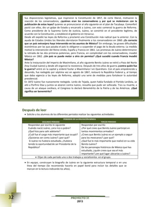 32 PROYECTO 31
2013
Después de leer
 Solicite a los alumnos de los diferentes periodos realizar las siguientes actividades:
PERIODOS DE LA EDUCACIÓN BÁSICA
SEGUNDO PERIODO TERCER PERIODO
Respondan por escrito lo siguiente
Cuándo nació Juárez, ¿era rico o pobre?
¿Qué hizo para salir adelante?
¿Cuál fue el cargo más importante que ocupó?
¿Quisieras ser como Juárez? ¿por qué?
Si Juárez no hubiera estudiado, ¿hubiera
tenido la oportunidad de ser Presidente de la
República?
Respondan por escrito
¿Por qué crees que Benito Juárez participó en
tantos movimientos armados?
¿Crees que Benito Juárez es un ejemplo a seguir
para los mexicanos? ¿por qué?
¿Qué fue lo más importante que realizó en su vida
Benito Juárez?
De los personajes históricos de México que has
estudiado, ¿quién crees que sea el más
importante? ¿en qué lugar ubicarías a Juárez?
 Elijan de cada periodo uno o dos trabajos y socialícenlos en el grupo.
 En equipo, construyan la biografía de Juárez en la siguiente estructura temporal o en una
línea del tiempo (Se recomienda hacerla en papel bond para incluir los detalles que se
marcan en la lectura indicando los años).
Sus disposiciones legislativas, que inspiraron la Constitución de 1857, de corte liberal, motivaron la
reacción de los conservadores, ¿quiénes eran los conservadores y por qué se molestaron con la
publicación de estas leyes? quienes se pronunciaron al año siguiente en el plan de Tacubaya. Comonfort
pactó con ellos, dio un golpe de Estado y encarceló a Juárez, con esto comenzó la guerra de Reforma.
Como presidente de la Suprema Corte de Justicia, Juárez, se convirtió en el presidente legítimo, de
acuerdo con la Constitución, y estableció el gobierno en Veracruz.
Desde allí expidió las leyes de Reforma y proclamó una Constitución más radical que la anterior. Con la
ayuda de Estados Unidos los liberales derrotaron finalmente a los conservadores en 1860. ¿Es correcto
que un país extranjero haya intervenido en los asuntos de México? Sin embargo, las graves dificultades
económicas por las que pasaba el país lo obligaron a suspender el pago de la deuda externa. La medida
motivó la intervención del Reino Unido, España y Francia en 1861. Las promesas de Juárez determinaron
la retirada de las dos primeras potencias, pero Francia, en complicidad con los conservadores, invadió
México en 1862. ¿Un país se puede meter a otro sin permiso? ¿Qué sucedió cuando Francia invadió
México?
Ante la instauración del Imperio de Maximiliano, al año siguiente Benito Juárez se retiró a Paso del Norte
(hoy Ciudad Juárez) y desde allí organizó la resistencia. Después de tres años de guerra ¿contra quién fue
la guerra? entró en la capital y ordenó fusilar a Maximiliano I en Querétaro. Con el país empobrecido y
desunido, fue reelegido por séptima vez en agosto de 1867, restauró la República Federal y, al tiempo
que daba vigencia a las leyes de Reforma, adoptó una serie de medidas para fortalecer la autoridad
presidencial.
En 1872 Juárez fue nuevamente reelegido. Lerdo de Tejada, quien había fundado el Partido Lerdista, se
alió a Porfirio Díaz y juntos se alzaron contra Juárez, revuelta que pudo ser sofocada. Tras su muerte, a
causa de un ataque cardíaco, el Congreso lo declaró Benemérito de la Patria y de las Américas. ¿Qué
significa ser benemérito?
 