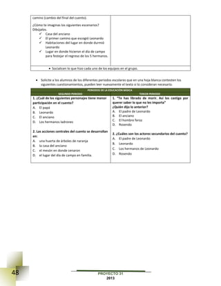 48 PROYECTO 31
2013
camino (cambio del final del cuento).
¿Cómo te imaginas los siguientes escenarios?
Dibújalos.
 Casa del anciano
 El primer camino que escogió Leonardo
 Habitaciones del lugar en donde durmió
Leonardo
 Lugar en donde hicieron el día de campo
para festejar el regreso de los 5 hermanos.
 Socialicen lo que hizo cada uno de los equipos en el grupo.
 Solicite a los alumnos de los diferentes periodos escolares que en una hoja blanca contesten los
siguientes cuestionamientos, pueden leer nuevamente el texto si lo consideran necesario.
PERIODOS DE LA EDUCACIÓN BÁSICA
SEGUNDO PERIODO TERCER PERIODO
1. ¿Cuál de los siguientes personajes tiene menor
participación en el cuento?
A. El papá
B. Leonardo
C. El anciano
D. Los hermanos ladrones
2. Las acciones centrales del cuento se desarrollan
en:
A. una huerta de árboles de naranja
B. la casa del anciano
C. el mesón en donde cenaron
D. el lugar del día de campo en familia.
1. “Te has librado de morir. Así los castigo por
querer saber lo que no les importa”
¿Quién dijo lo anterior?
A. El padre de Leonardo
B. El anciano
C. El hombre feroz
D. Rosendo
2. ¿Cuáles son los actores secundarios del cuento?
A. El padre de Leonardo
B. Leonardo
C. Los hermanos de Leonardo
D. Rosendo
 