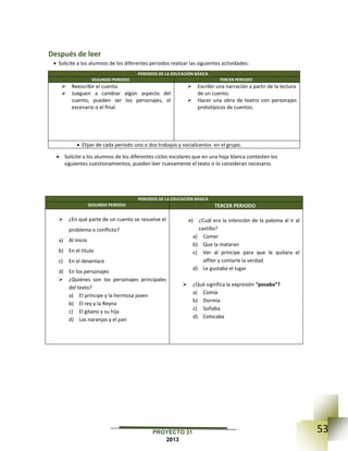 53PROYECTO 31
2013
Después de leer
 Solicite a los alumnos de los diferentes periodos realizar las siguientes actividades:
PERIODOS DE LA EDUCACIÓN BÁSICA
SEGUNDO PERIODO TERCER PERIODO
 Reescribir el cuento.
 Jueguen a cambiar algún aspecto del
cuento, pueden ser los personajes, el
escenario o el final.
 Escribir una narración a partir de la lectura
de un cuento.
 Hacer una obra de teatro con personajes
prototípicos de cuentos.
 Elijan de cada periodo uno o dos trabajos y socialícenlos en el grupo.
 Solicite a los alumnos de los diferentes ciclos escolares que en una hoja blanca contesten los
siguientes cuestionamientos, pueden leer nuevamente el texto si lo consideran necesario.
PERIODOS DE LA EDUCACIÓN BÁSICA
SEGUNDO PERIODO TERCER PERIODO
 ¿En qué parte de un cuento se resuelve el
problema o conflicto?
a) Al inicio
b) En el titulo
c) En el desenlace
d) En los personajes
 ¿Quiénes son los personajes principales
del texto?
a) El príncipe y la hermosa joven
b) El rey y la Reyna
c) El gitano y su hija
d) Las naranjas y el pan
e) ¿Cuál era la intención de la paloma al ir al
castillo?
a) Comer
b) Que la mataran
c) Ver al príncipe para que le quitara el
alfiler y contarle la verdad
d) Le gustaba el lugar
 ¿Qué significa la expresión “posaba”?
a) Comía
b) Dormía
c) Soñaba
d) Colocaba
 