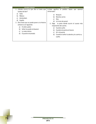 76 PROYECTO 31
2013
SEGUNDO PERIODO TERCER PERIODO
1. ¿Dónde ocurre lo que dice el texto que
acabas de leer?
a) Italia
b) México
c) Amsterdam
d) España
2. Otro título que se puede poner a la historia
anterior es el siguiente:
a) El señor pobre
b) Soñar te puede enriquecer
c) La mala noticia
d) El puente encantado
4.¿Qué significa la palabra tapias que aparece
remarcada?
a) Bosques
b) Muchos carros
c) Ríos
d) Un trozo de pared
3. Elige la parte donde ocurre el suceso más
importante del cuento.
a) Cuando sueña
b) Cuando encuentra el tesoro
c) Al ir al puente
d) Cuando el señor lo aborda y le cuenta su
sueño.
 