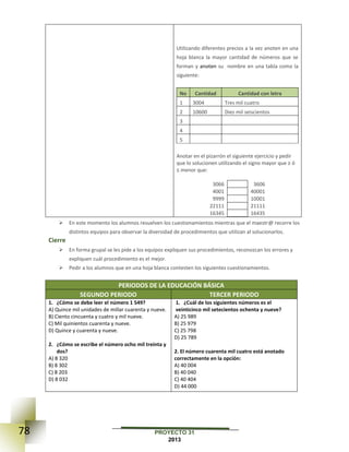 78 PROYECTO 31
2013
Utilizando diferentes precios a la vez anoten en una
hoja blanca la mayor cantidad de números que se
forman y anoten su nombre en una tabla como la
siguiente:
No Cantidad Cantidad con letra
1 3004 Tres mil cuatro
2 10600 Diez mil seiscientos
3
4
5
Anotar en el pizarrón el siguiente ejercicio y pedir
que lo solucionen utilizando el signo mayor que ≥ ó
≤ menor que:
3066 3606
4001 40001
9999 10001
22111 21111
16345 16435
 En este momento los alumnos resuelven los cuestionamientos mientras que el maestr@ recorre los
distintos equipos para observar la diversidad de procedimientos que utilizan al solucionarlos.
Cierre
 En forma grupal se les pide a los equipos expliquen sus procedimientos, reconozcan los errores y
expliquen cuál procedimiento es el mejor.
 Pedir a los alumnos que en una hoja blanca contesten los siguientes cuestionamientos.
PERIODOS DE LA EDUCACIÓN BÁSICA
SEGUNDO PERIODO TERCER PERIODO
1. ¿Cómo se debe leer el número 1 549?
A) Quince mil unidades de millar cuarenta y nueve.
B) Ciento cincuenta y cuatro y mil nueve.
C) Mil quinientos cuarenta y nueve.
D) Quince y cuarenta y nueve.
2. ¿Cómo se escribe el número ocho mil treinta y
dos?
A) 8 320
B) 8 302
C) 8 203
D) 8 032
1. ¿Cuál de los siguientes números es el
veinticinco mil setecientos ochenta y nueve?
A) 25 989
B) 25 979
C) 25 798
D) 25 789
2. El número cuarenta mil cuatro está anotado
correctamente en la opción:
A) 40 004
B) 40 040
C) 40 404
D) 44 000
 