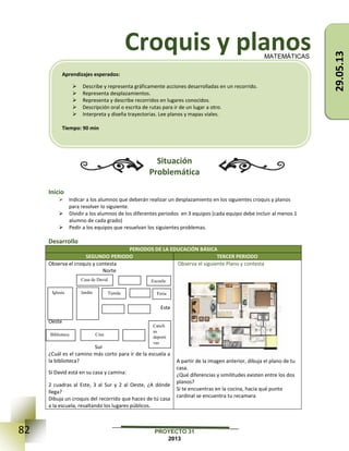82 PROYECTO 31
2013
Croquis y planos
Situación
Problemática
Inicio
 Indicar a los alumnos que deberán realizar un desplazamiento en los siguientes croquis y planos
para resolver lo siguiente.
 Dividir a los alumnos de los diferentes periodos en 3 equipos (cada equipo debe incluir al menos 1
alumno de cada grado)
 Pedir a los equipos que resuelvan los siguientes problemas.
Desarrollo
PERIODOS DE LA EDUCACIÓN BÁSICA
SEGUNDO PERIODO TERCER PERIODO
Observa el croquis y contesta
Norte
Este
Oeste
Sur
¿Cuál es el camino más corto para ir de la escuela a
la biblioteca?
Si David está en su casa y camina:
2 cuadras al Este, 3 al Sur y 2 al Oeste, ¿A dónde
llega?
Dibuja un croquis del recorrido que haces de tú casa
a la escuela, resaltando los lugares públicos.
Observa el siguiente Plano y contesta
A partir de la imagen anterior, dibuja el plano de tu
casa.
¿Qué diferencias y similitudes existen entre los dos
planos?
Si te encuentras en la cocina, hacia qué punto
cardinal se encuentra tu recamara
MATEMÁTICAS
Aprendizajes esperados:
 Describe y representa gráficamente acciones desarrolladas en un recorrido.
 Representa desplazamientos.
 Representa y describe recorridos en lugares conocidos.
 Descripción oral o escrita de rutas para ir de un lugar a otro.
 Interpreta y diseña trayectorias. Lee planos y mapas viales.
Tiempo: 90 min
Jardín Tienda
Biblioteca
Escuela
Cine
Canch
as
deporti
vas
Feria
Casa de David
Iglesia
29.05.13
 