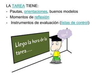 LA TAREA TIENE:
- Pautas, orientaciones, buenos modelos
- Momentos de reflexión
- Instrumentos de evaluación (listas de control)
 