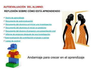  Diario de aprendizaje
 Documento de auto-evaluación
 Documento del alumno-a al iniciar una investigación
 Documento del alumnos al iniciar un producto
 Documento del alumno al preparar una presentación oral
 Informe de progreso después de una investigación
Auto-evaluación de contribución al grupo o pareja
 Listas de control
AUTOEVALUACIÓN DEL ALUMNO:
REFLEXIÓN SOBRE CÓMO ESTÁ APRENDIENDO
Andamiaje para crecer en el aprendizaje
 