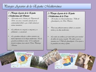 Paisajes Agrarios de la España Mediterránea
1 .-)Paisaje Agrario de la España
Mediterránea del Interior
•

Se localiza en la Meseta y la Depresión del
Ebro, esta zona se encuentra afectada por la
continentalidad debido a que se halla rodeada por
sistemas montañosos.

•

La población en su mayoría es emigrante y su
poblamiento es concentrado.

•

La agricultura dedicada a cultivos extensivos con
mucha importancia de la trilogía mediterránea. En la
ganadería predomina la ovina. Y la explotación
forestal en algunas áreas como la Tierra Pinariega
Soriana.

2.-)Paisaje Agrario de la España
Mediterránea de la Costa
•

Se localiza en el litoral mediterráneo, Valle del
Guadalquivir y las Islas Baleares.

•

Posee una población numerosa debido a su atractivo
turístico y un clima mediterráneo.

•

Los suelos son arcillosos y por tanto habrá gran variedad
de cultivos de secano y regadío. De cultivos secano se
encuentra en el Valle del Guadalquivir. Con respecto a
la ganadería será ovina y caprina

 