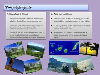 Otros paisajes agrarios
1.-)Paisaje Agrario de Montaña

2.-) Paisaje Agrario de Canarias

•

Se localiza en los sistemas montañosos, posee una gran
altitud con elevada altitud e inviernos con mucha nieve.

•

Se localiza en el Archipiélago Canario y posee un clima
tropical-cálido con precipitaciones escasas y un relieve volcánico.

•

Estructura agraria será acúmenes con predominio de la
pequeña propiedad denominados minifundios.

•

Tiene un poblamiento rural en retroceso y éste es concentrado
debido a la necesidad de agua.

•

El uso que se le dará al suelo será muy diverso debido a
su gran variedad litológica, esta zona tendrá gran
explotación forestal especialmente de eucalipto, castaño o pino

•

La agricultura será destinada a la exportación como el
plátano, tomate y patata. Y en la ganadería destaca la
caprina.

 