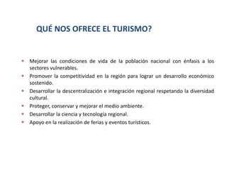 QUÉ NOS OFRECE EL TURISMO?


 Mejorar las condiciones de vida de la población nacional con énfasis a los
  sectores vulnerables.
 Promover la competitividad en la región para lograr un desarrollo económico
  sostenido.
 Desarrollar la descentralización e integración regional respetando la diversidad
  cultural.
 Proteger, conservar y mejorar el medio ambiente.
 Desarrollar la ciencia y tecnología regional.
 Apoyo en la realización de ferias y eventos turísticos.
 