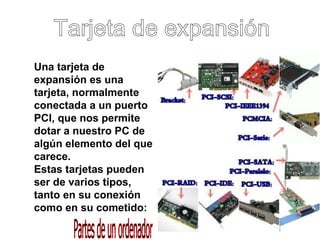 Tarjeta de expansión Partes de un ordenador Una tarjeta de expansión es una tarjeta, normalmente conectada a un puerto PCI, que nos permite dotar a nuestro PC de algún elemento del que carece.  Estas tarjetas pueden ser de varios tipos, tanto en su conexión como en su cometido:   