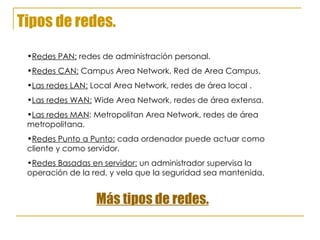 Tipos de redes. Redes PAN:  redes de administración personal. Redes CAN:  Campus Area Network, Red de Area Campus. Las redes LAN:  Local Area Network, redes de área local . Las redes WAN:  Wide Area Network, redes de área extensa. Las redes MAN : Metropolitan Area Network, redes de área metropolitana. Redes Punto a Punto:  cada ordenador puede actuar como cliente y como servidor. Redes Basadas en servidor:  un administrador supervisa la operación de la red, y vela que la seguridad sea mantenida.  Más tipos de redes. 
