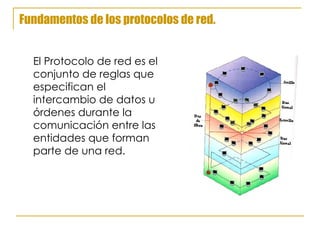Fundamentos de los protocolos de red. El Protocolo de red es el conjunto de reglas que especifican el intercambio de datos u órdenes durante la comunicación entre las entidades que forman parte de una red. 