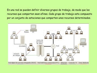 En una red se pueden definir diversos grupos de trabajo, de modo que los recursos que comparten sean afines. Cada grupo de trabajo esta compuesto por un conjunto de estaciones que comparten unos recursos determinados. 
