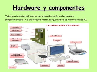 Hardware y componentes Todos los elementos del interior del ordenador están perfectamente compartimentados, y la distribución interna es igual a la de las mayorías de los PC. 